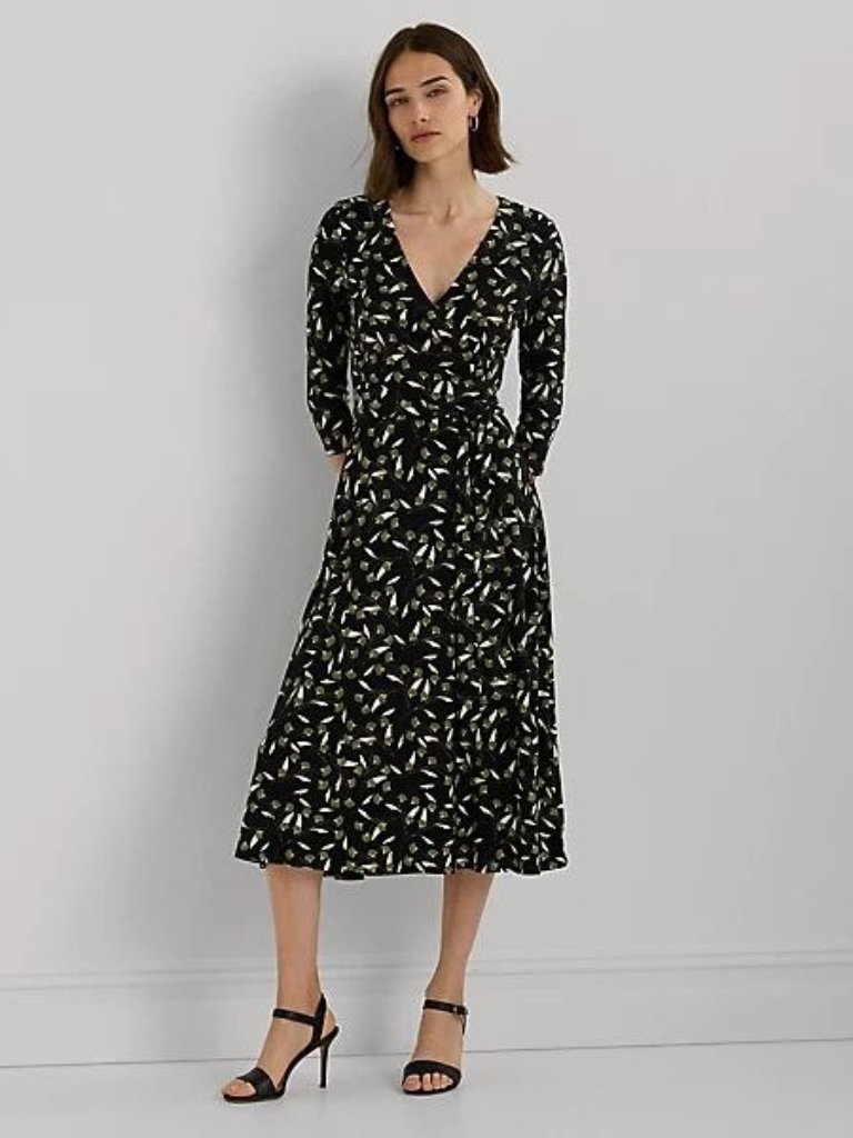 $145 Lauren Ralph Lauren Floral Surplice Stretch Jersey Dress Green Size 4
